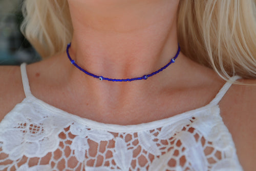 Tiny Blue Evil Eye Seed Beaded Choker Necklace