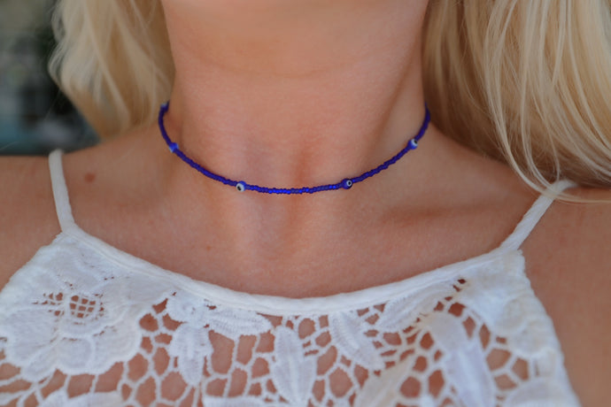 Tiny Blue Evil Eye Seed Beaded Choker Necklace