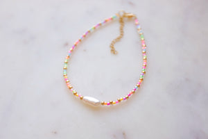 Neon Rainbow & Gold Seed Beaded Keshi Pearl Anklet