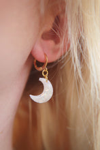 Load image into Gallery viewer, Opal Crescent Moon Polymer Clay Hoop Earrings