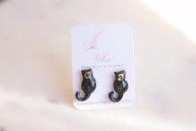 Load image into Gallery viewer, Mini Black Cat Sparkly Moon Earring Studs