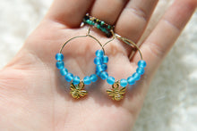 Load image into Gallery viewer, Sea Glass Beaded Gold Bee Hoop Earrings