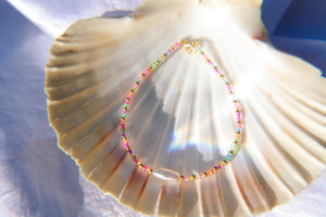 Neon Rainbow & Gold Seed Beaded Keshi Pearl Anklet