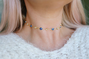 Evil Eye And Gemstone Chain Choker Necklace