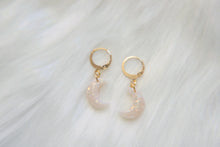 Load image into Gallery viewer, Opal Crescent Moon Polymer Clay Hoop Earrings