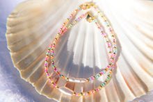 Load image into Gallery viewer, Neon Rainbow &amp; Gold Seed Beaded Keshi Pearl Anklet