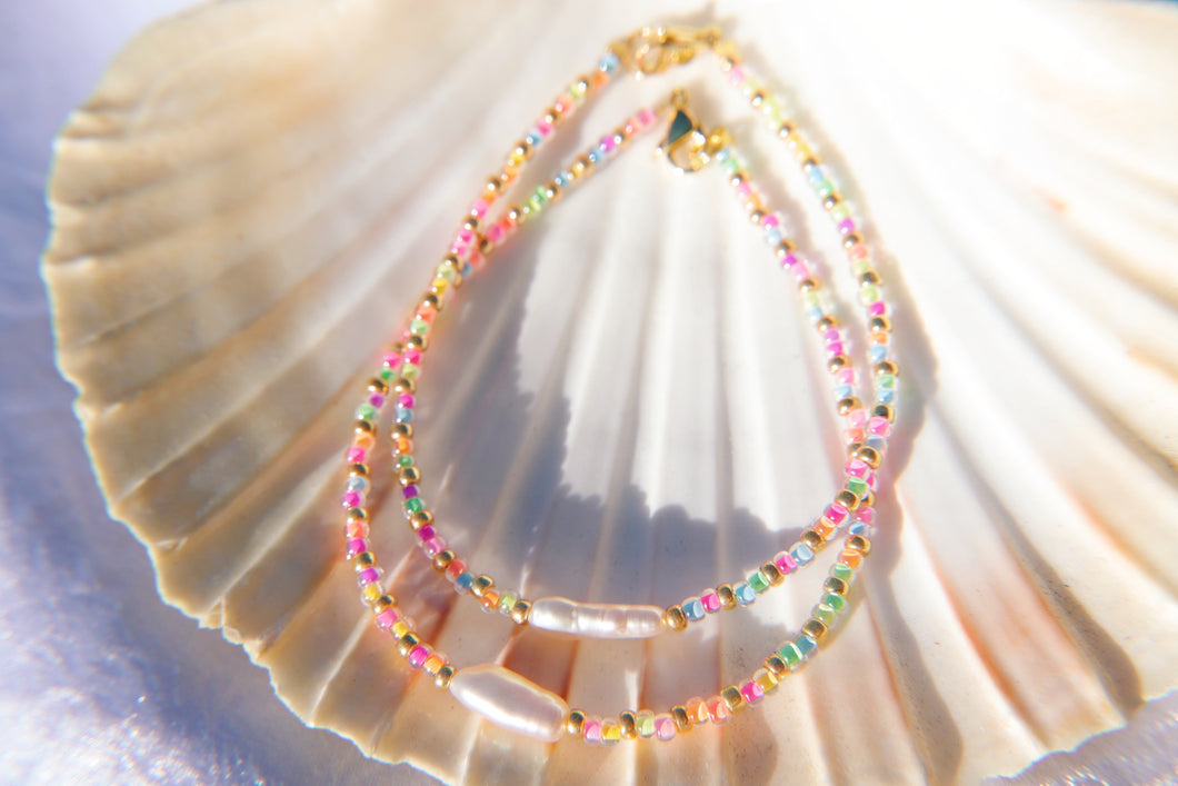 Neon Rainbow & Gold Seed Beaded Keshi Pearl Anklet