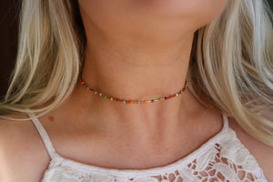 Golden Rainbow Seed Beaded Choker Necklace