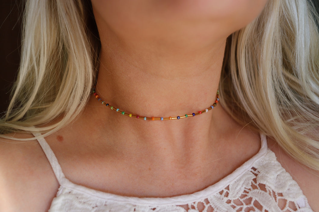 Golden Rainbow Seed Beaded Choker Necklace