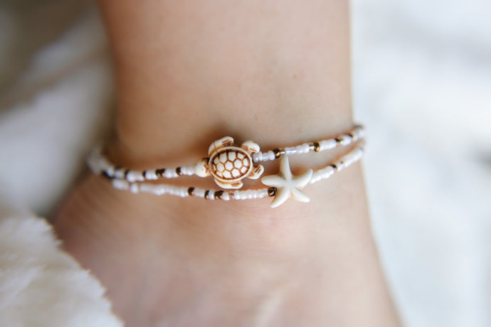 Sea Turtle & Starfish Beaded Anklet/Bracelet Set