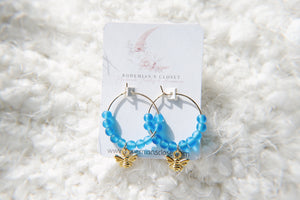 Sea Glass Beaded Gold Bee Hoop Earrings