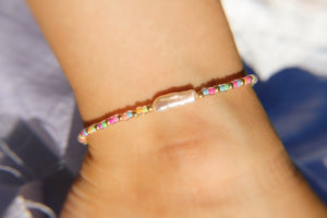 Neon Rainbow & Gold Seed Beaded Keshi Pearl Anklet