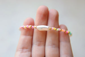 Neon Rainbow & Gold Seed Beaded Keshi Pearl Anklet