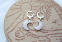 Load image into Gallery viewer, Opal Crescent Moon Polymer Clay Hoop Earrings