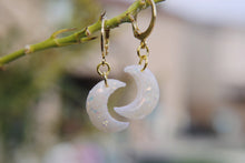 Load image into Gallery viewer, Opal Crescent Moon Polymer Clay Hoop Earrings