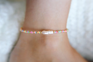 Neon Rainbow & Gold Seed Beaded Keshi Pearl Anklet