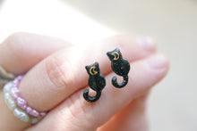 Load image into Gallery viewer, Mini Black Cat Sparkly Moon Earring Studs