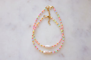 Neon Rainbow & Gold Seed Beaded Keshi Pearl Anklet