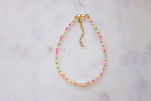 Load image into Gallery viewer, Neon Rainbow &amp; Gold Seed Beaded Keshi Pearl Anklet