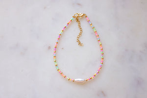 Neon Rainbow & Gold Seed Beaded Keshi Pearl Anklet