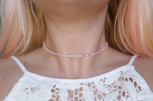 Neon rainbow seed beaded choker necklace