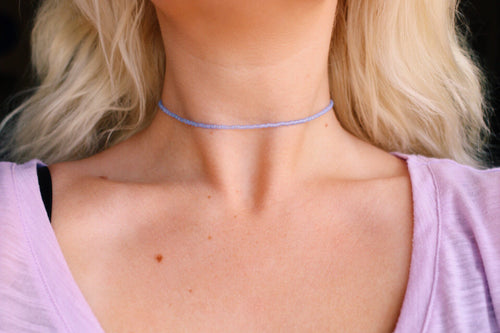 Frosted Periwinkle Glass Beaded Choker Necklace, Bohemian Choker Necklace