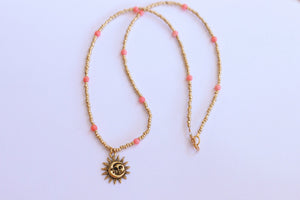 Metallic Gold Bamboo Coral Sun & Moon Beaded Necklace