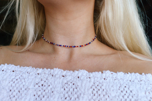 Red silver & blue Glass Beaded Choker Necklace