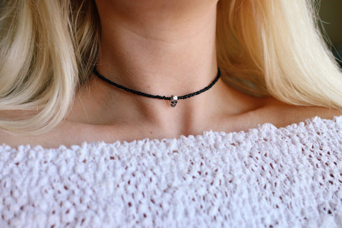 Simple Black Glass Beaded Skull Choker Necklace / Halloween Necklace / Handmade Choker / Fall Jewelry