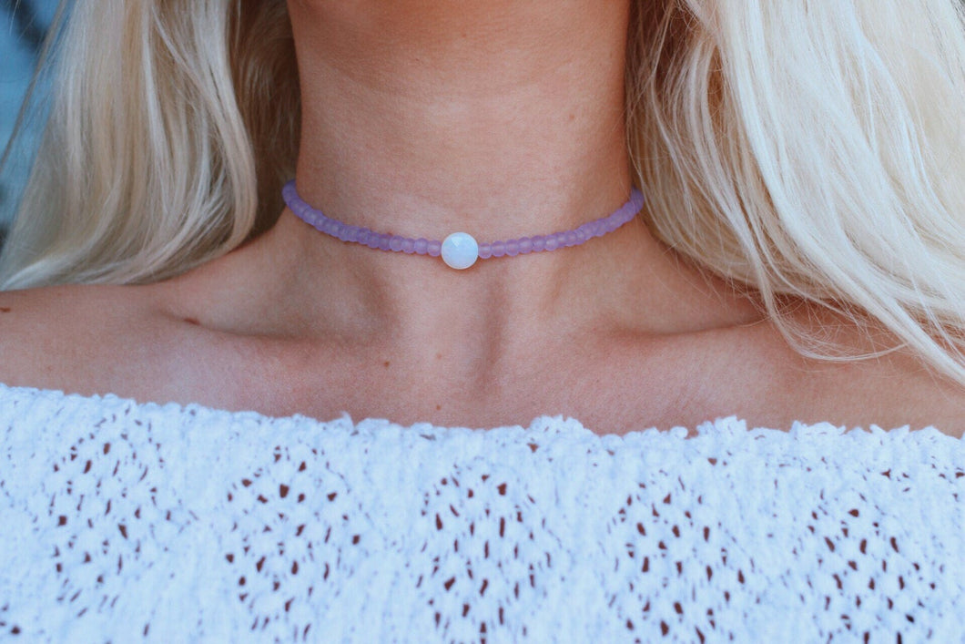 Frosted Lilac Opalite Beaded Choker Necklace