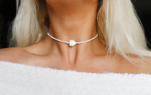 Tropical Palm Leaf Beaded Choker Necklace / Beach Jewelry / Mother Of Pearl
