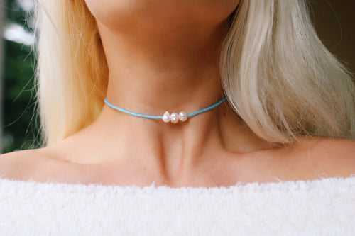 Triple Pearl Frosted Aqua Beaded Choker