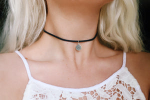 Wave Stamped Vegan Suede Charm Choker Necklace