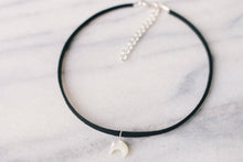 Load image into Gallery viewer, Mini Mother of Pearl Crescent Double Horn Moon Vegan Suede Choker Necklace