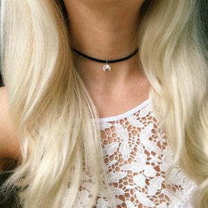 Mini Mother of Pearl Crescent Double Horn Moon Vegan Suede Choker Necklace