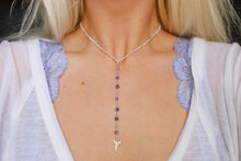 Load image into Gallery viewer, Amethyst Wire Wrapped Mako Shark Bite Drop Necklaces in Gold or Silver Plated