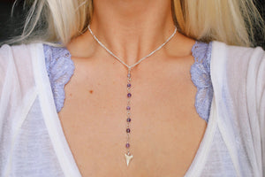 Amethyst Wire Wrapped Mako Shark Bite Drop Necklaces in Gold or Silver Plated