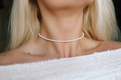 Coconut White Glass Beaded Choker Necklace / Beach Jewelry /