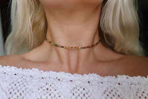 Rainbow Glass Beaded Choker Necklace, Bohemian Choker Necklace