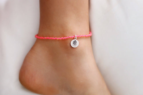 Pink Cactus Charm Anklet, Hand Stamped Cavtus, Beaded Anklet, Beach Jewelry