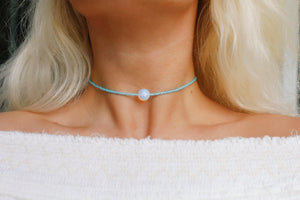 Aqua Opal Glass Beaded Choker Necklace / Beach Jewelry / Handmade Choker