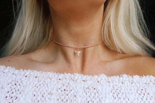 Dainty Rose Gold Beaded Shark Tooth Choker Necklace