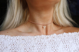 Dainty Rose Gold Beaded Shark Tooth Choker Necklace