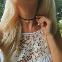 Load image into Gallery viewer, Mini Mother of Pearl Crescent Double Horn Moon Vegan Suede Choker Necklace