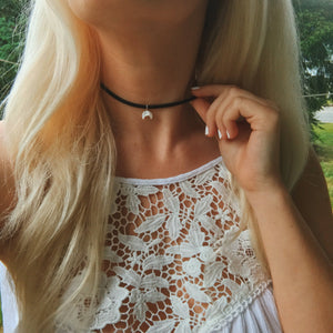 Mini Mother of Pearl Crescent Double Horn Moon Vegan Suede Choker Necklace
