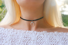 Load image into Gallery viewer, Vegan suede crescent double horn choker necklace