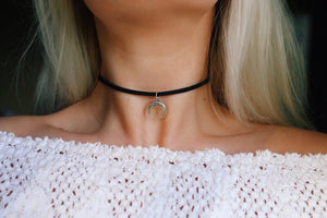 Vegan suede crescent double horn choker necklace