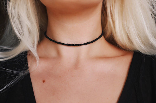 Frosted Black Matte Glass Beaded Choker Necklace
