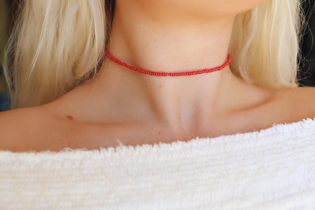 Red Hot Beaded Choker Necklace