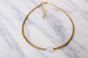 Metallic gold opal bezel beaded choker necklace